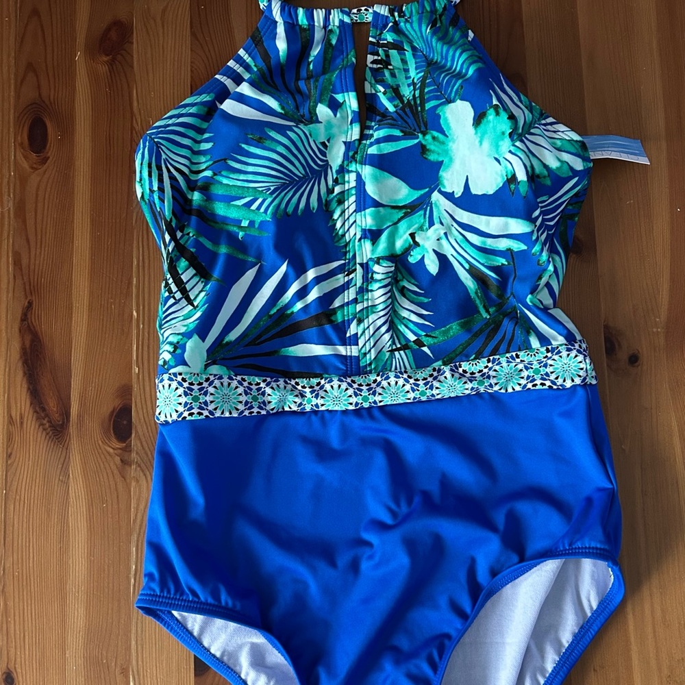 Blue and Green One Piece Swim with Tropical Print